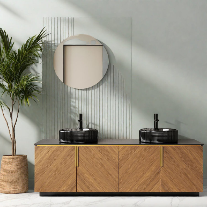 Grand meuble-lavabo moderne avec lavabo, grain de bois de chêne brun