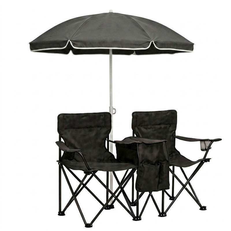 Ensemble de chaise de pique-nique portable et pliable avec parasol, noir, Black