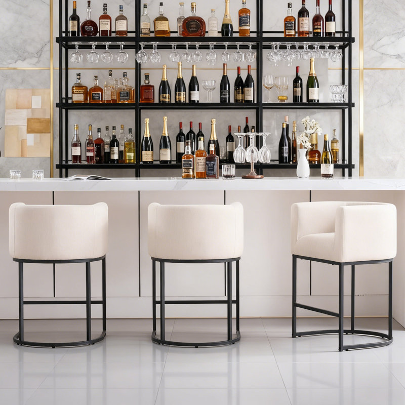 26" Upholstered Barrel Counter Stool, Black, Beige, 3