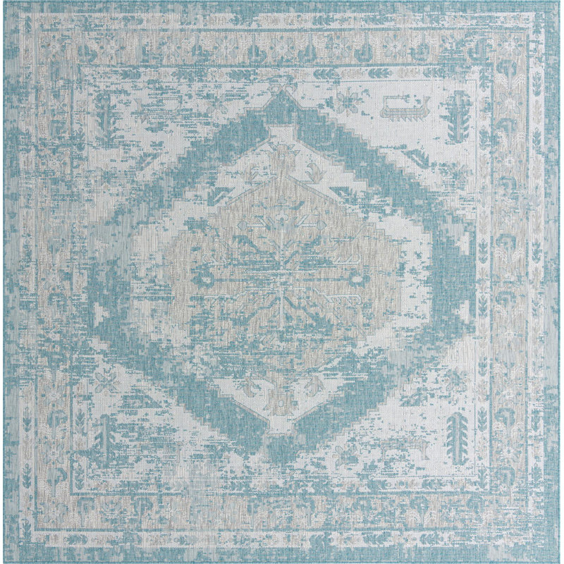 Tapis intérieur / extérieur en polypropylène tissé à la machine oriental bleu / gris, Carré 10 pi