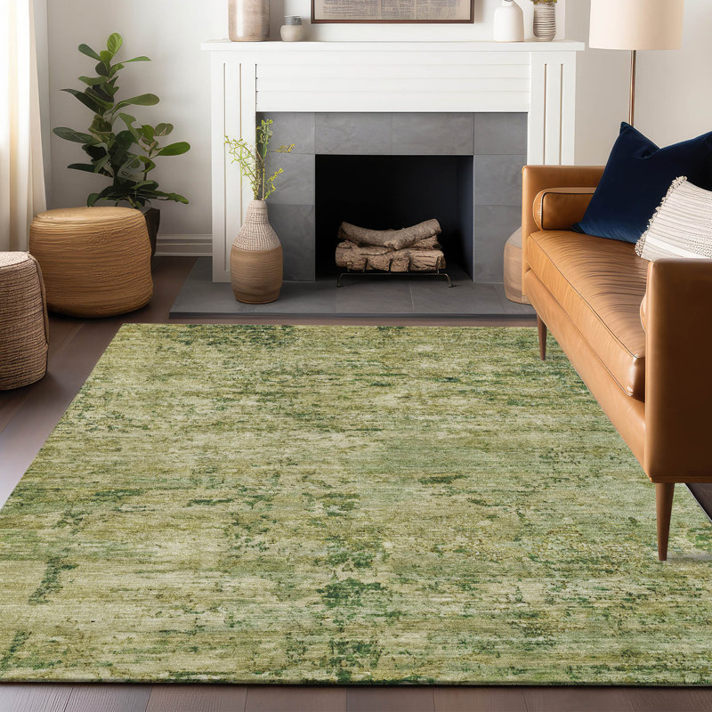 Machine Washable Green and Beige Synthetic Fern Rug