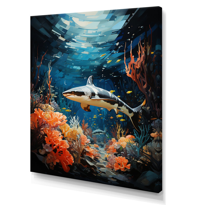 Teal Shark Animal Coastal Creatures " Teal Shark Animal Coastal Creatures ", 32" H x 16" W x 1" D, Wrapped Canvas