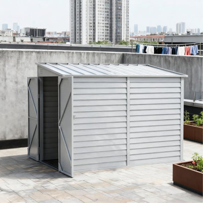Outdoor Metal Shed For Garden Tools, Motorcycle, Lawn Mower - Lockable, Ventilation Slots, Internal Foundation, 106.25" D X 69.25"/79.5" H, White Lockable Bikes, Power Generator Double Doors,