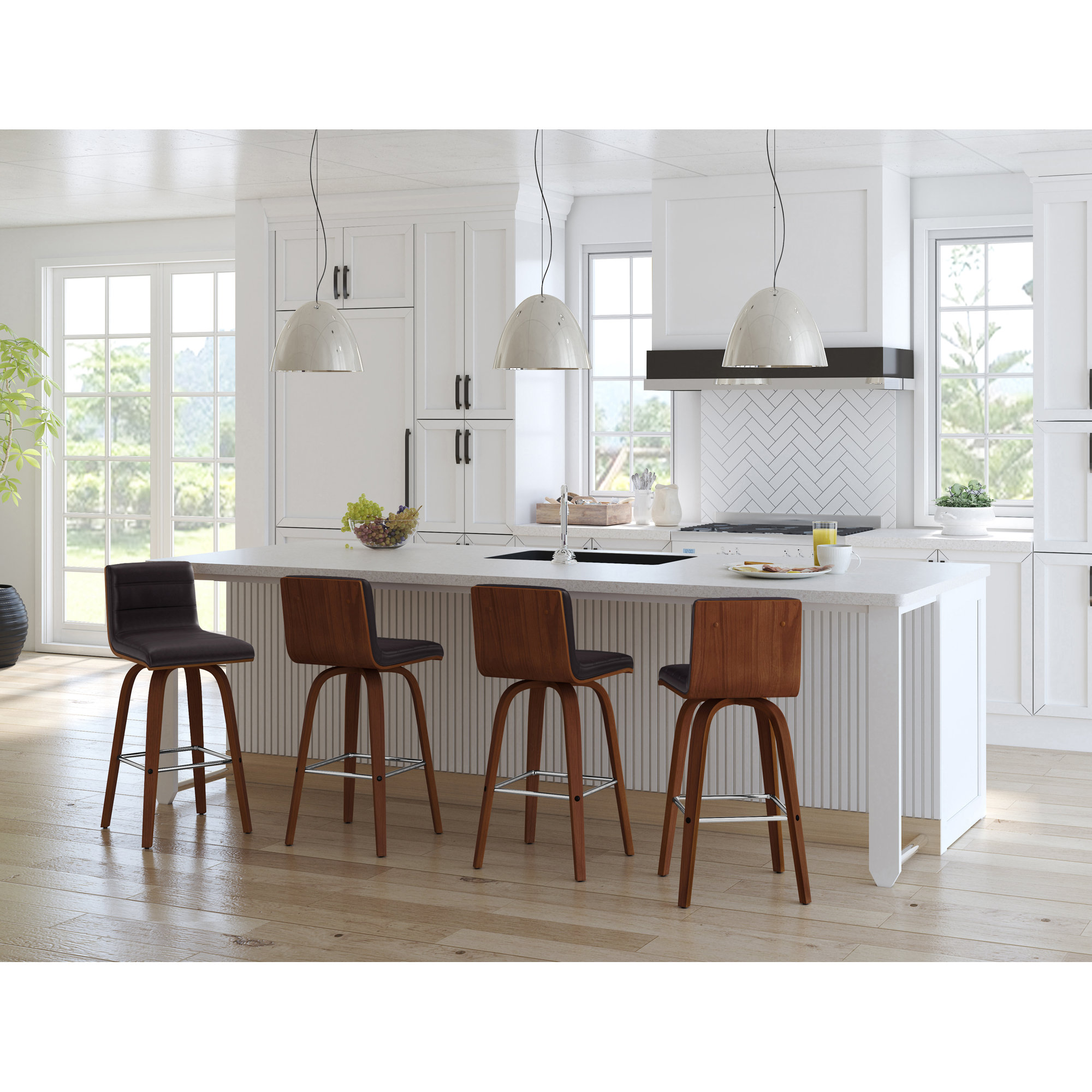 Biance Solid Wood Swivel Bar & Counter Stool, Brown Faux Leather, Walnut, Counter Stool (26" Seat Height)