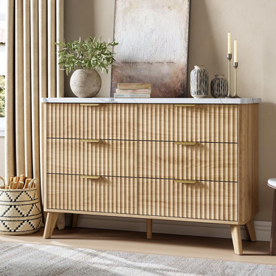 Modern Fluted 6-Drawer Dresser – Curved Profile, Gold Handles, Deep Drawers, Versatile Wooden Storage Chest for Bedroom, Living Room, Kids Room –Natur by Ebern Designs