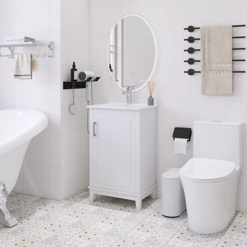 Petit meuble-lavabo sur pied 20 po avec lavabo en céramique, Blanc / argenté