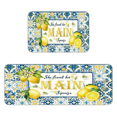Lemon Pattern Blue Yellow Kitchen Breakfast Nook 2 Pcs Kitchen Mats