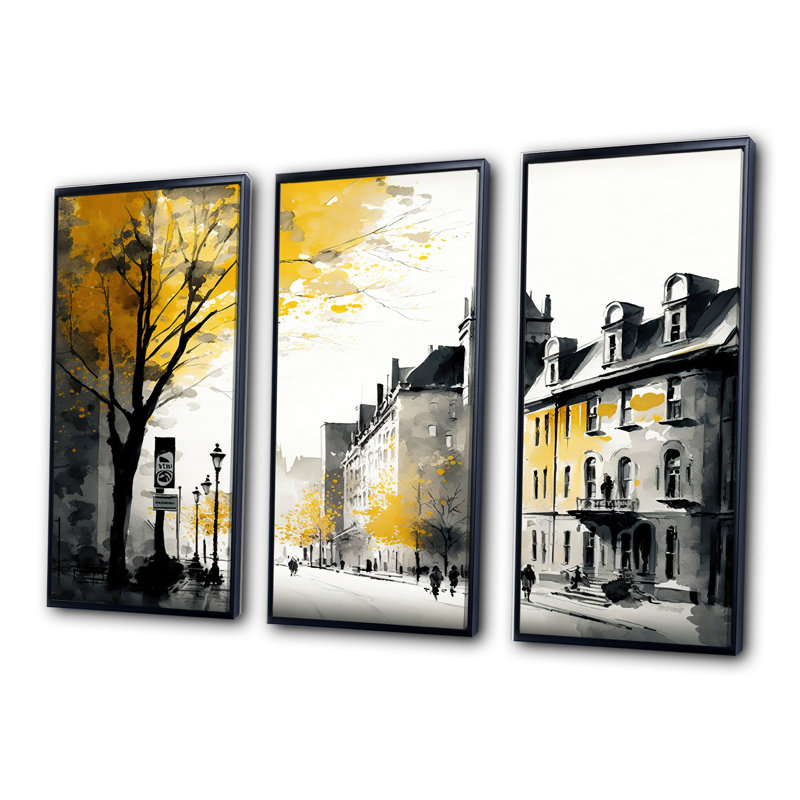 Vieux paysage urbain du Québec I - impression 3 pièces, Cadre noir, H 28 po x l 36 po x P 1 po