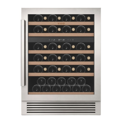 Cave à vin encastrée VIKIO de 58,7 cm de large (23,1 pouces) avec compresseur à double zone, d'une capacité de 51 bouteilles, en acier inoxydable.