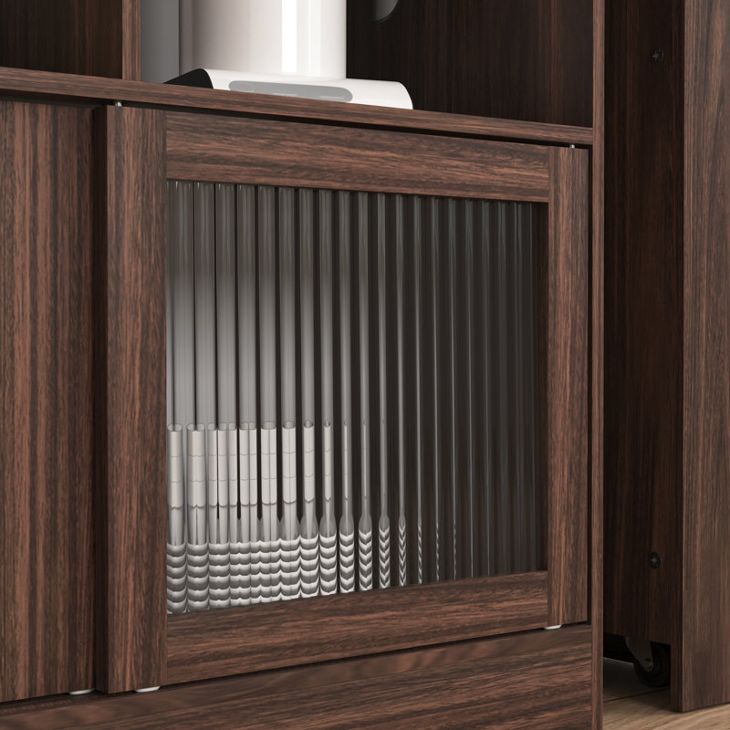 Bar avec plateau tournant, armoire de salle à manger à hauteur de comptoir avec espace de rangement et 2 portes en verre nervuré pour la cuisine, noyer