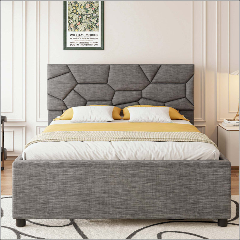 Lit plateforme tapissier avec tête de lit à motif brique et gigogne simple TG, tissu en lin, Gris