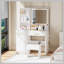 Meuble-lavabo avec miroir et lumières, coiffeuse blanche avec prise de courant et 3 modes d'éclairage, ensemble de coiffeuse avec étagères à tiroirs et tabouret de rangement pour la chambre à coucher