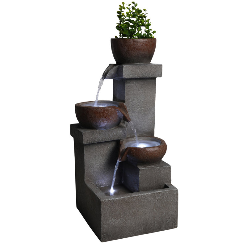 Outdoor Water Fountain Tiered Cascading Jar Waterfall Resin Garden Patio Decor With LED Lights