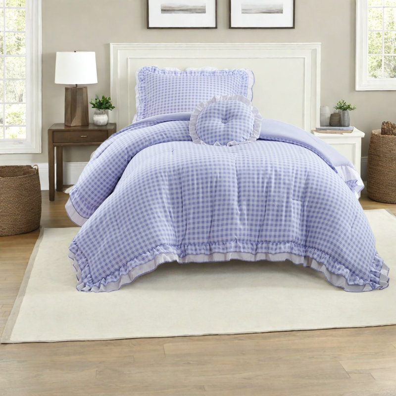 Premium Microfiber Bedding Sets, Blue Twin Comforter With Romantic Ruffles