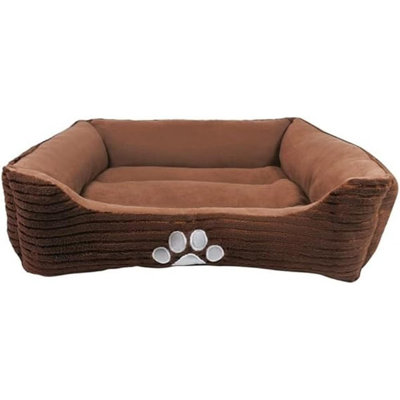 Lit pour animal de compagnie rectangulaire long réversible HCT REC-005 avec impression de pattes de chien, café, par HappyCare Textiles, 25 par 21 pouces