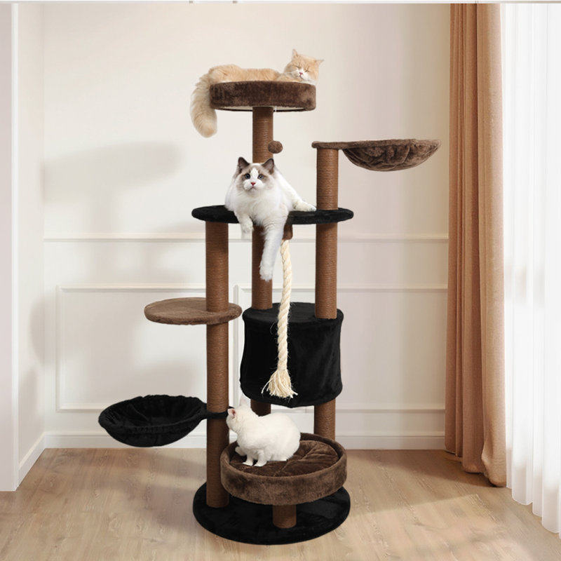 Arbre à chat 64 po robuste, tour à chat brune pour grands chats d'intérieur, mobilier pour chat à plusieurs niveaux avec poteau à griffer en sisal, plateforme très grande hamac et condo