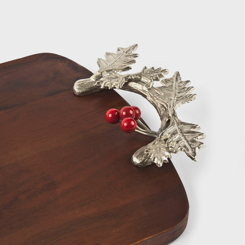 Silver Holly Holiday Serving Platter, Handcrafted Mango Wood Decorative Tray with Festive Leaf Handles & Red Berry Accents, 19.5"