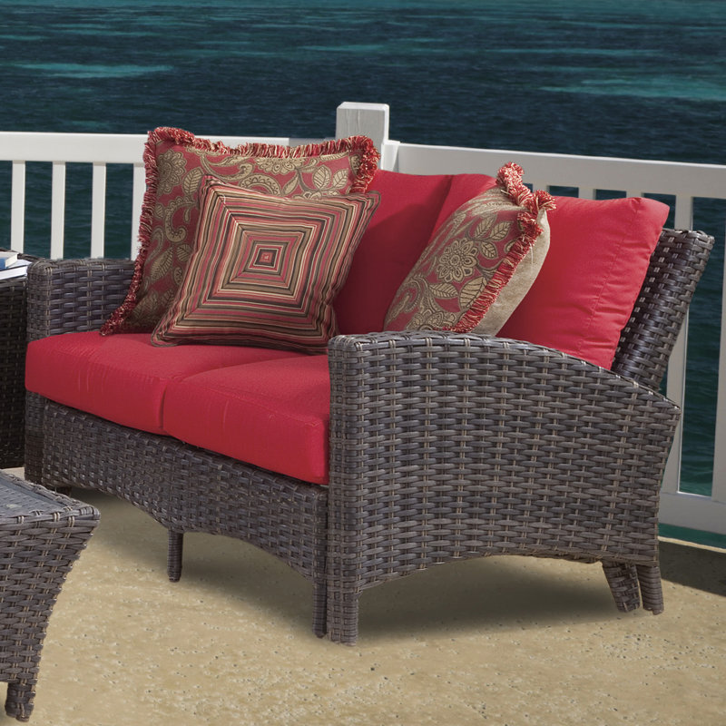 Colford 52.25'' Wide Premium All-Weather Wicker Loveseat with Cushions, Canvas Crimson Sunbrella® Canvas