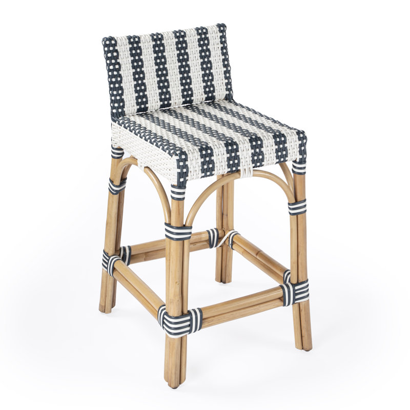 Serienna Blue & White Rattan Low Back Counter Stool, White/Navy Striped, Counter Stool 24" Seat Height