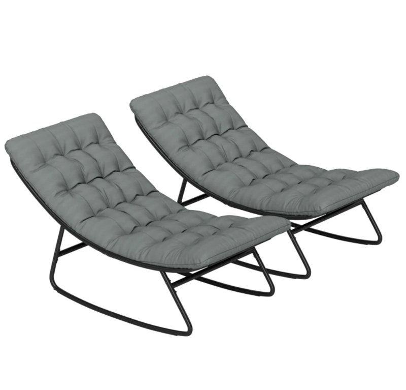 Ensemble de 2 chaises berçantes de patio modernes, chaise berçante d'extérieur en filet gris foncé / noir avec coussins en polyester, base antidérapante et structure en acier robuste pour terrasse près de la piscine