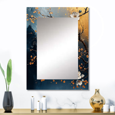 Gold And Blue Cherry Blossom Tree Scenery I - Cherry Blossom Decorative Wall Mirror, Traditional Large Mirror, Printed Metal Art