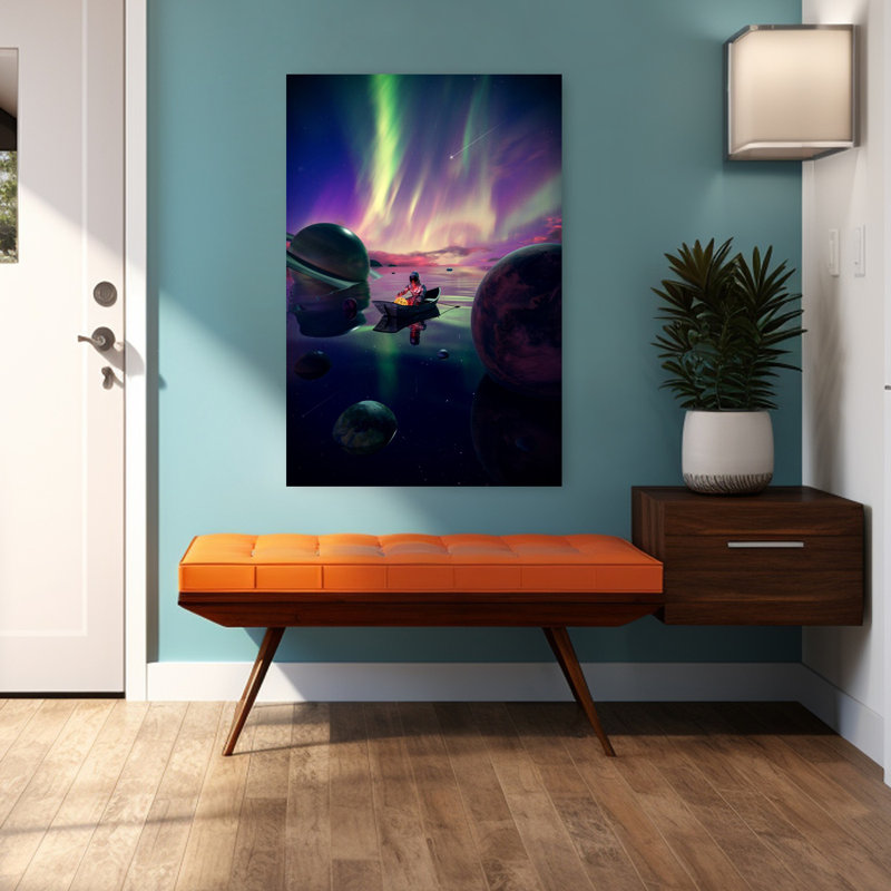 Astronaut Drifts Under Aurora, H 48 po x l 32 po