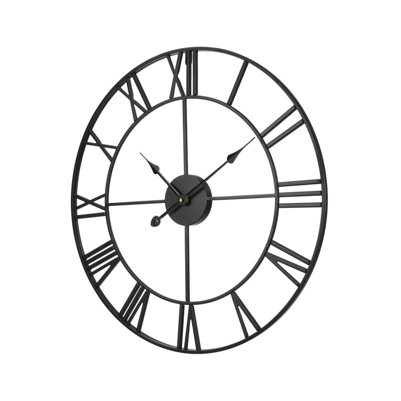 Horloge murale, 61 cm (24 pouces), chiffres romains, silencieuse, à piles, style classique, ronde, noire.