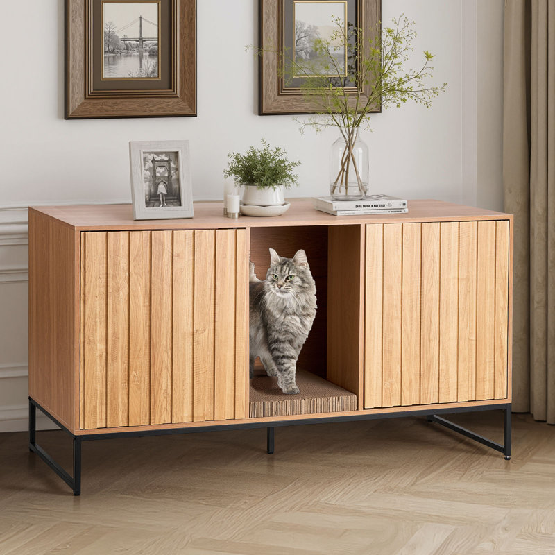 Meuble pour litière, meuble de rangement dissimulé de 120 cm avec griffoir et espace de rangement, table d'appoint étanche pour chat, compatible avec la plupart des bacs à litière