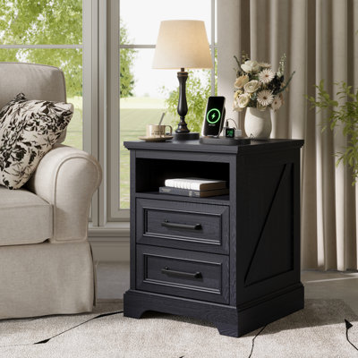 Farmhouse End Table With Charging Station, Wood Nightstand With 2 Drawers Storage & Open Cabinet