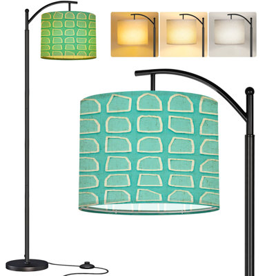  Arc Floor Lamp Abstract Hand Drawn White Square Teal Minimal Geometric Design Tall Modern Standing Lamp LED Adjustable Linen Lampshade 3 Color Temperatures