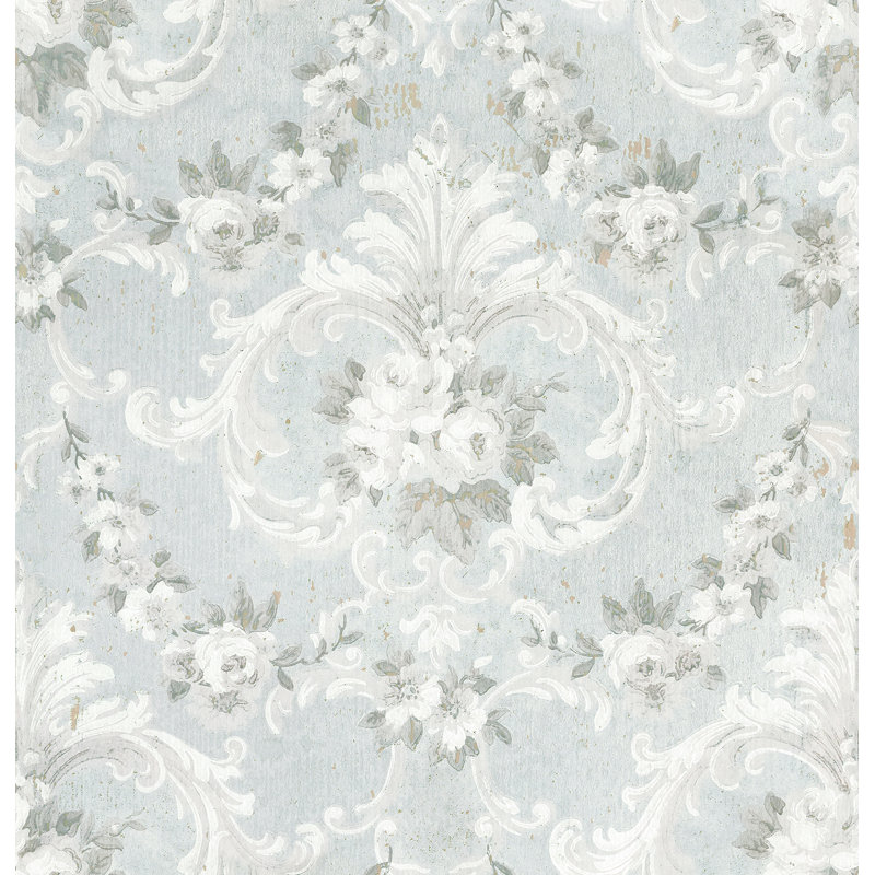 Rouleau de papier peint floral damassé L 33 pi x l 20,5 po Floral, Bleu
