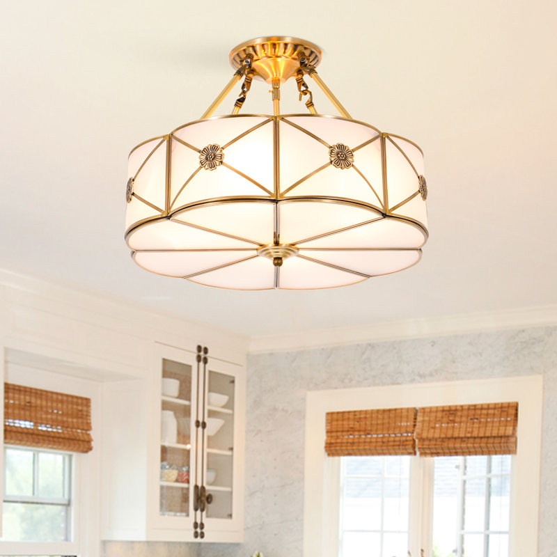 17.3" 4-Light Gold Semi-Flush Mount Chandelier with Glass Shade, E26 Ceiling Light, 14" H x 17" W x 17" D