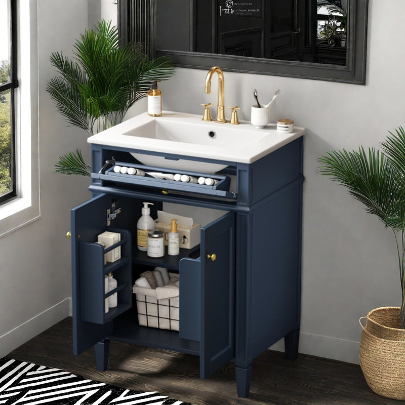 Meuble-lavabo avec rangement (doit inclure à la fois le meuble-lavabo et le lavabo), salle de bain compacte moderne en bois et bois aggloméré de 24 pouces