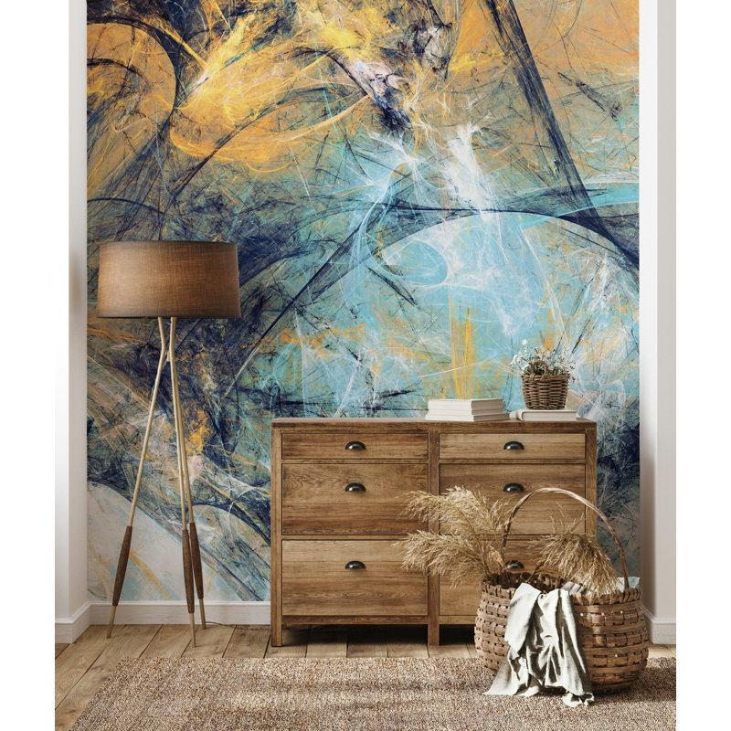 Papier peint abstrait coups de pinceau or bleu, L 115 po x l 225 po