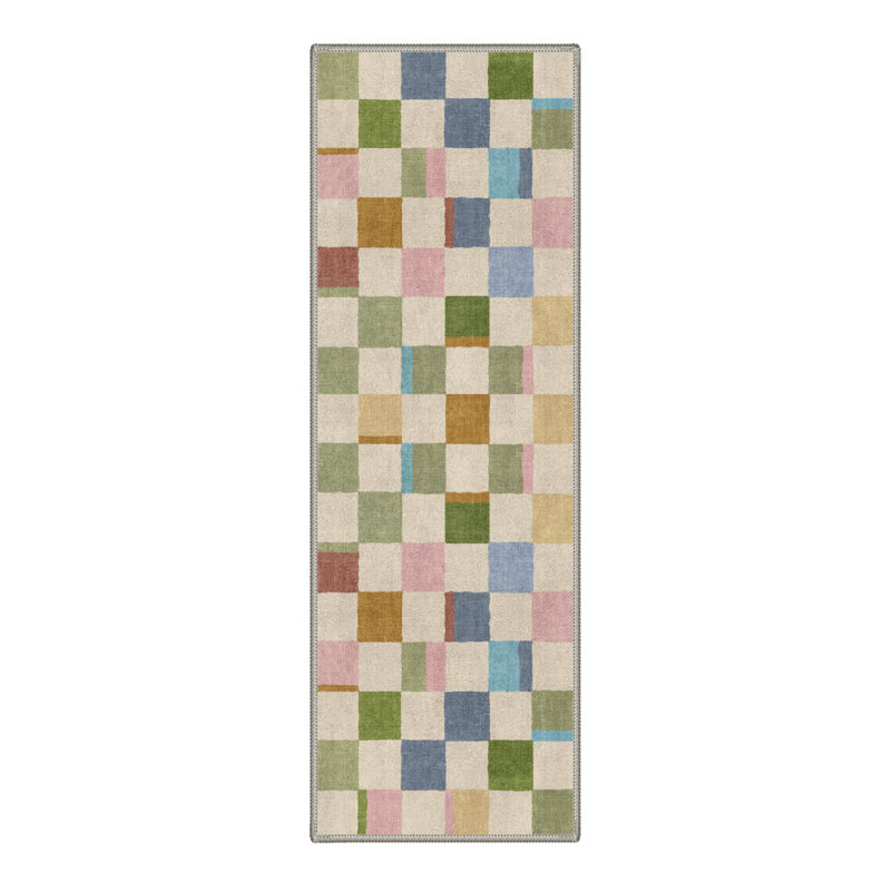 Modern Multicolor Machine Washable Checkered Area Rug Non Slip Carpet in Beige / Blue / Pink, Runner 2' x 7'