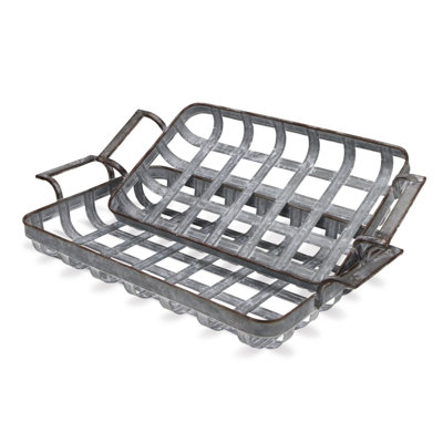 23" Grey Rectangular Metal Handmade Tray With Handles