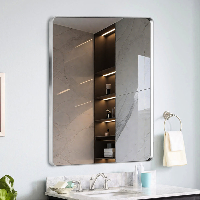 Miroir de salle de bain en aluminium brossé 36 po x 40 po - Verre flotté HD avec lignes transparentes et réflexion non faussée, cadre en alliage d'aluminium rouille, supports en Z pour un montage sûr, bien emballé