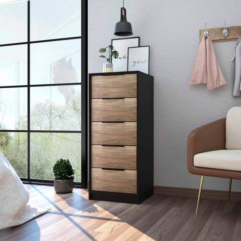 Kaia 5 Drawer Dresser, Vertical Dresser, Black Wenge/Light Oak