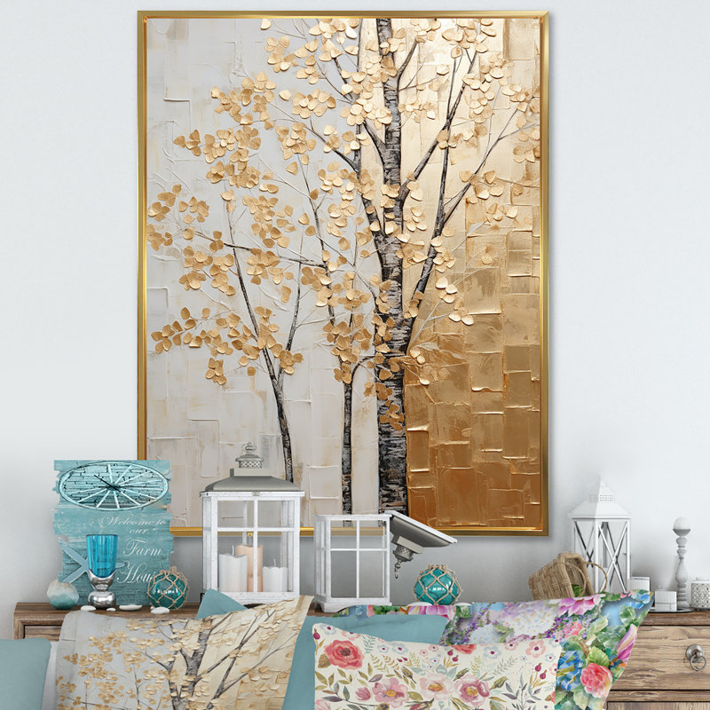 Minimalisme Golden Trees Harmony II - arbres, art mural, H 40 po x l 30 po x P 1,5 po, Cadre flottant doré