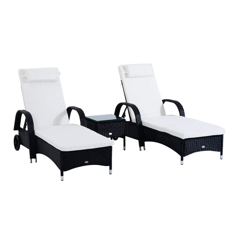 Stutler 200cm Long Reclining Chaise Lounge Set with Cushions and Table, Black/White