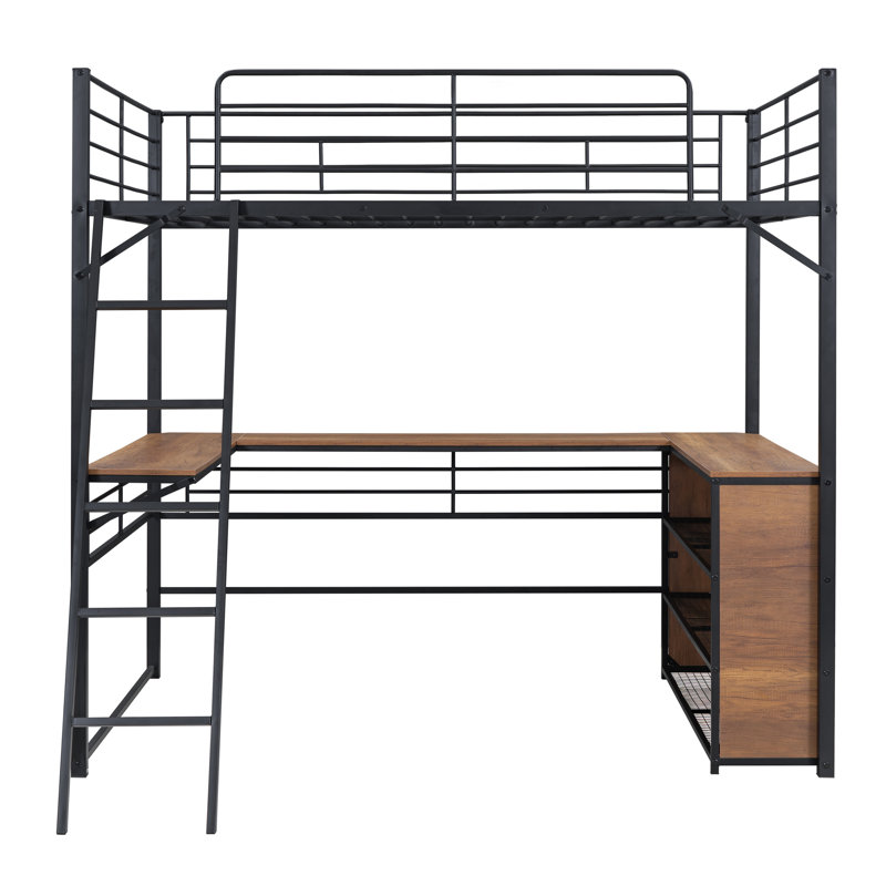 Metal Loft Bed with 3 Layers of Shelves and L-shaped Desk, Full, Black