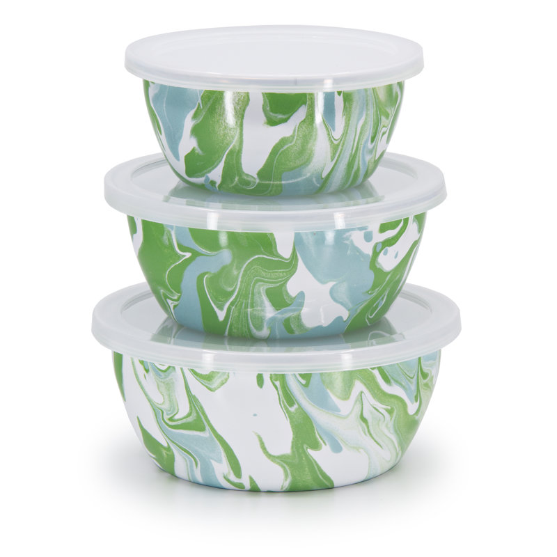 Golden Rabbit Enamelware Modern Monet Set of 3 Nesting Bowls with Lids