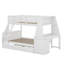 Lit simple superposé au dessus d'un lit double avec lit gigogne et bureau intégré, trois tiroirs de rangement et une tablette-112584212