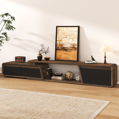 Meuble télé extensible de 170 à 230 cm (66,9 à 90,5 po) pour téléviseurs jusqu'à 95 po, console multimédia avec tiroirs à poignées dissimulées et étagères de rangement ouvertes, centre de divertissement aux bords arrondis pour salon, brun et noir