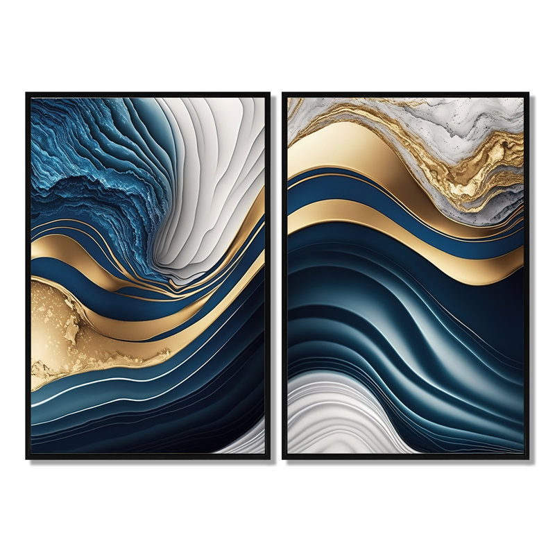 «Abstract Geode Waves Blue I», art mural abstrait grand, H 36 po x l 48 po, Impression encadrée flottante