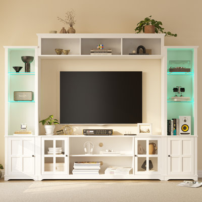 4 Piece Wall Unit Tv Stand With Bookshelf, Modern Tv Console Table With Led Lights, Large Entertainment Center With Open Shelves For Tvs Up To 65", Living Room Wine Cabinet Display Cabinet