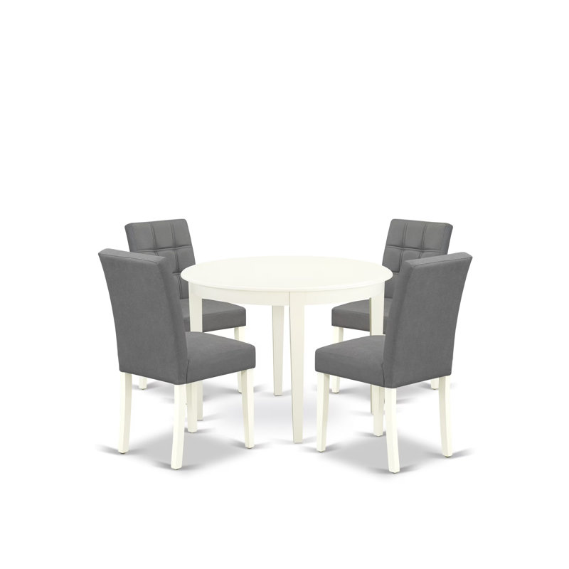 5 Piece Kitchen Table Set Includes A Dinner Table and 4 Platinum Gray Polyester Fabric Dining Chairs with Stylish Back- Linen White Finish