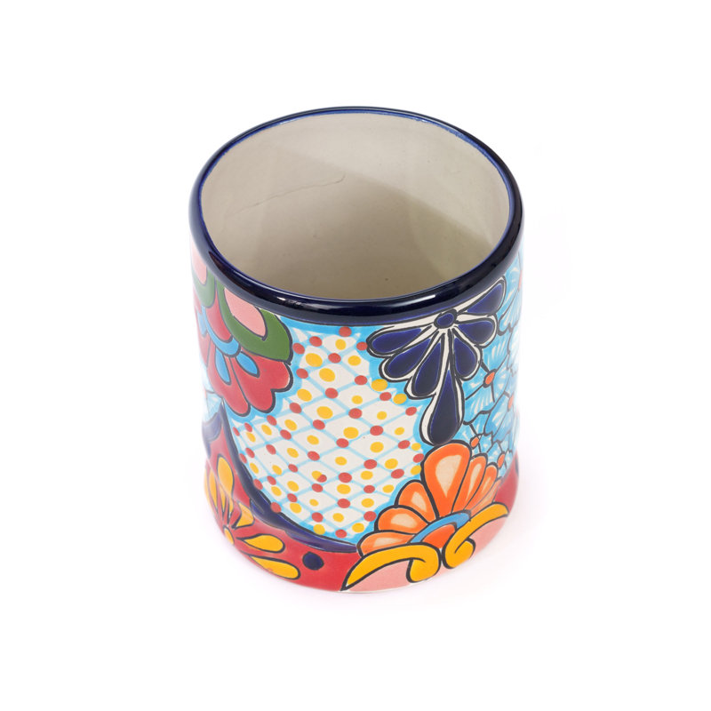Pot à ustensiles en céramique mexicain Talavera, Cobalt