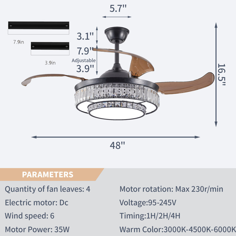 48" Modern Crystal LED Retractable Ceiling Fan with Light & Remote