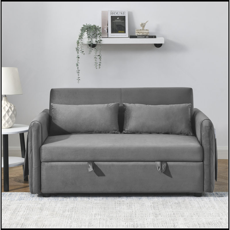 Canapé-lit moderne convertible de 55 po avec 2 poches pour accoudoirs amovibles, canapé-lit en velours avec lit escamotable, 2 coussins et dossier réglable pour le salon, accoudoirs à motif quadrillé